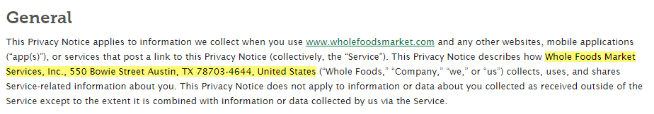 Informativa sulla privacy di Whole Foods: clausola generale con dati di contatto evidenziati