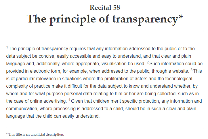 Informazioni sul RGPD: testo completo del Motivo 58: Il principio della trasparenza