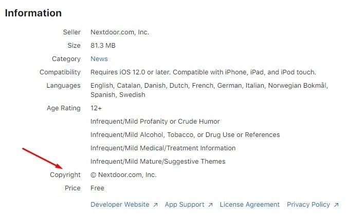 Inserzione dell'Apple App Store di Nextdoor - Informazioni - Avviso sul copyright evidenziato