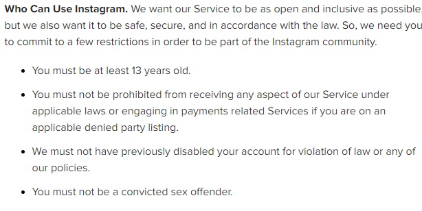 Conditions d'Utilisation Instagram : Qui peut utiliser Instagram - Clause Restrictions