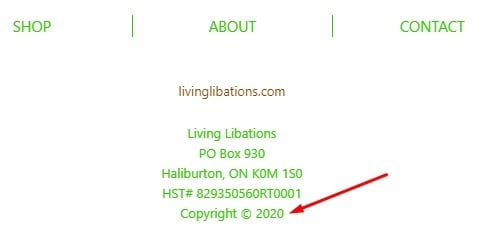 Pied de page du courriel Living Libations avec Mention de Droits d'auteur en évidence