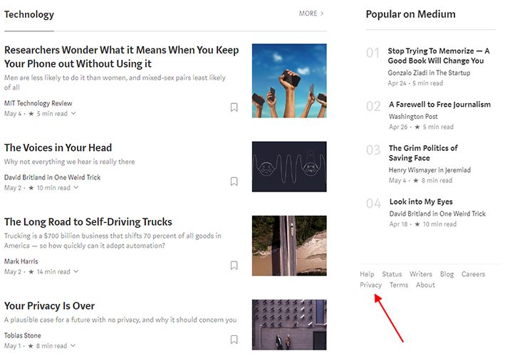 Medium Homepage Screenshot mit Fußzeile mit Link zur Datenschutzrichtlinie