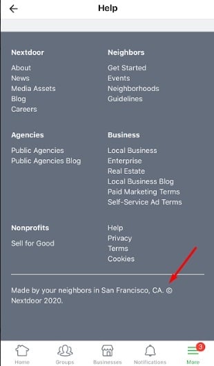 Menu Aiuto dell'app di Nextdoor con Avviso sul copyright evidenziato