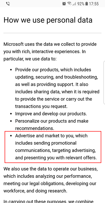 Déclaration de confidentialité Microsoft : Clause Comment nous utilisons des données à caractère personnel avec article publicité et marketing en évidence