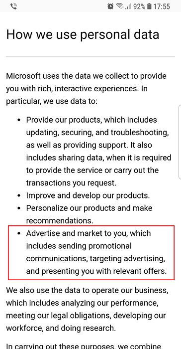 Declaración de Privacidad de Microsoft: Cláusula Cómo utilizamos los datos personales con la sección dedicada al marketing y la publicidad destacada