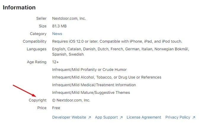 Listado en el que aparece Nextdoor en Apple App Store - Información - Aviso de Copyright destacado