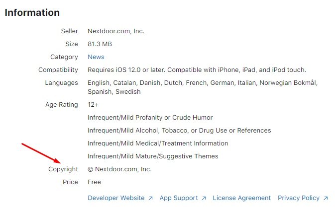 Références Apple App Store Nextdoor - Informations - Mention de Droits d'auteur en évidence