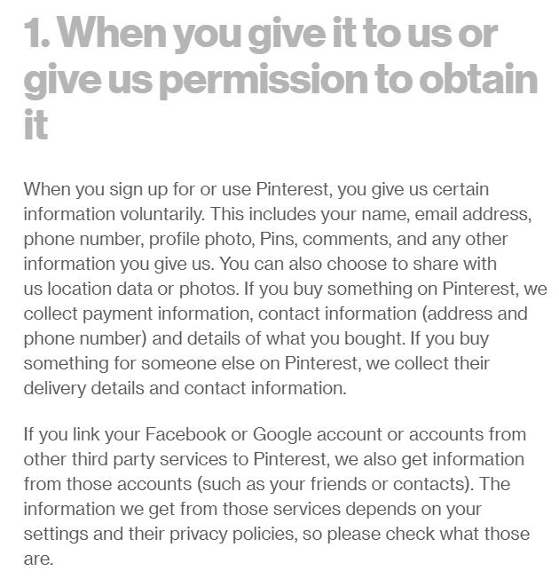 Norme sulla privacy di Pinterest: clausola sulle informazioni - Quando sei tu a fornircele o quando ci dai il permesso di ottenerle