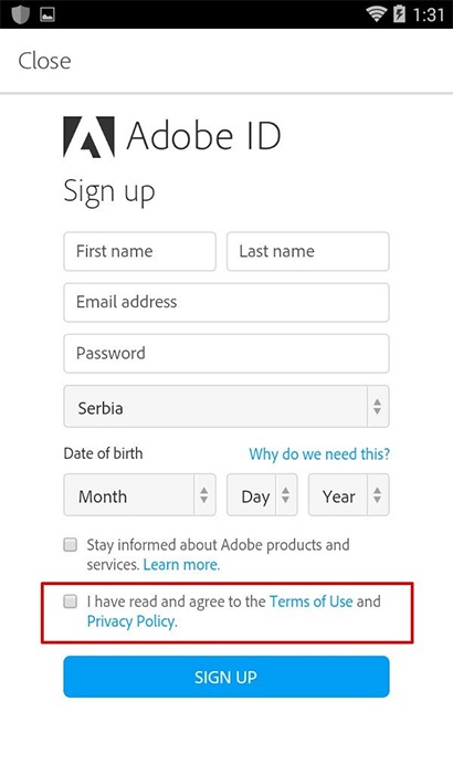 Schermata di registrazione di Adobe ID: esempio di clickwrap con consenso ai Termini e all'Informativa sulla privacy