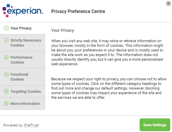 Schermata delle impostazioni del Centro Preferenze Privacy di Experian