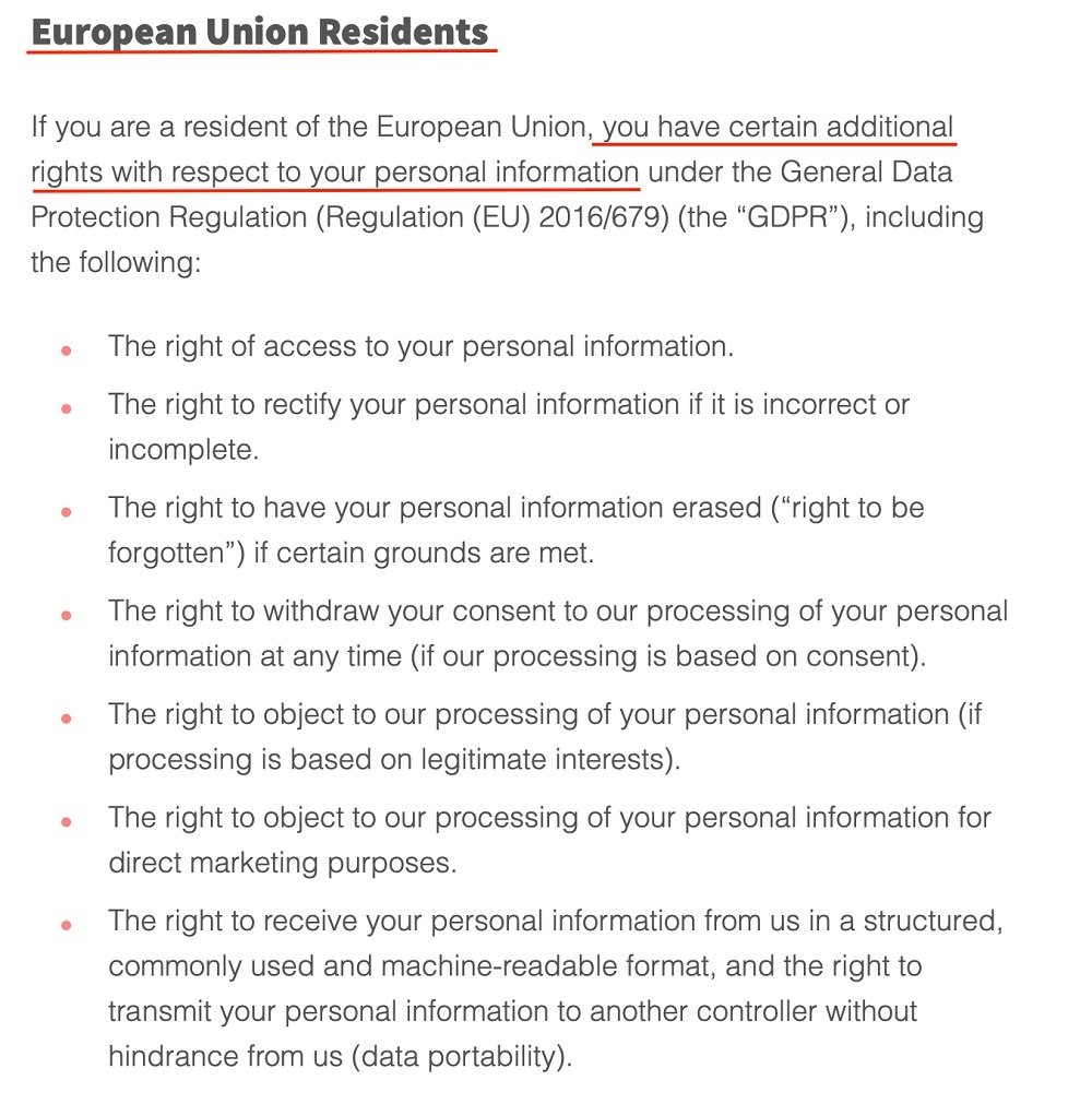 Screencastify Privacy Policy: European Union Residents clause excerpt