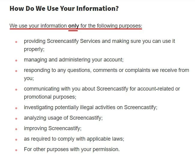 Screencastify Privacy Policy: How we use your information clause excerpt