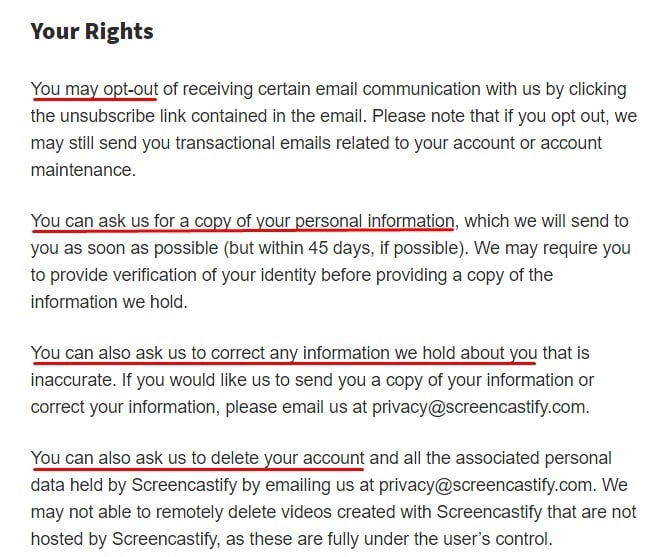 Screencastify Privacy Policy: Your Rights clause excerpt