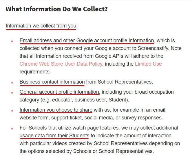 Screencastify Privacy Policy: What Information we Collect from You clause excerpt