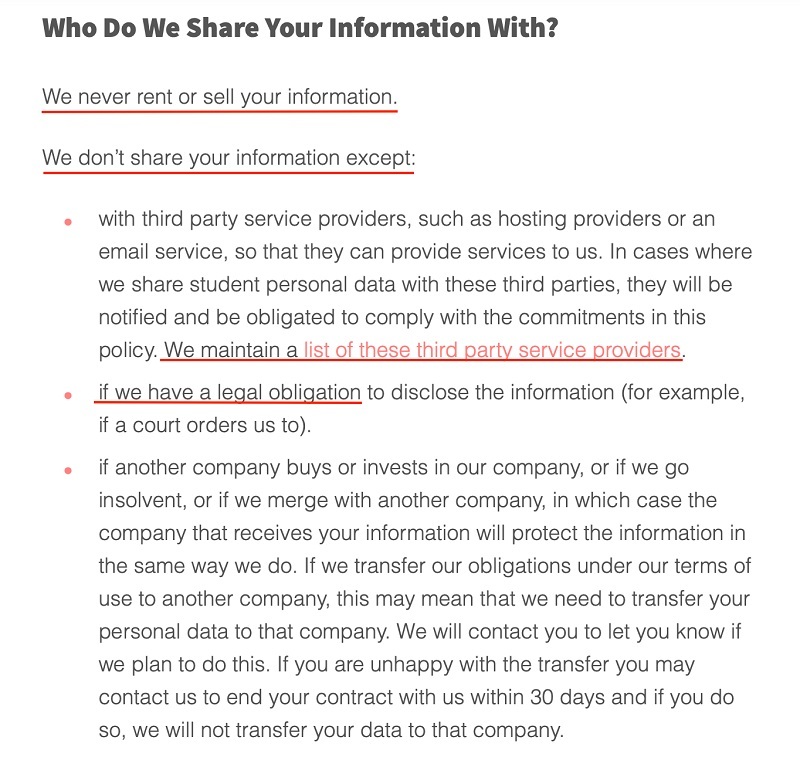 Screencastify Privacy Policy: Who Do We Share Your Information With clause excerpt