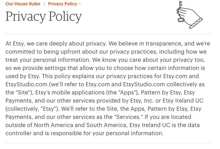 Screenshot dell'Informativa sulla privacy di Etsy