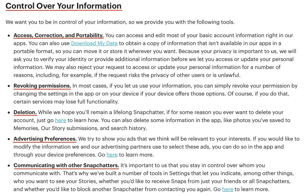 Snap Privacy Policy: Control Over Your Information - User Rights clause