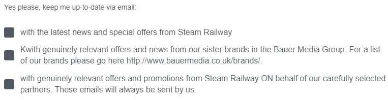 Casillas de verificación del formulario de alta en los mensajes de correo electrónico de Steam Railway