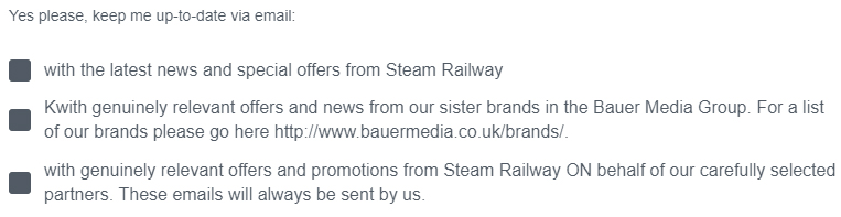 Steam Railway E-Mail Anmeldeformular Kontrollkästchen