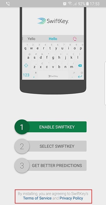 Écran d'installation de l'application Android Swiftkey avec acceptation des Conditions de Service et de la Politique de Confidentialité en évidence