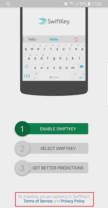 Pantalla de instalación de la aplicación para móviles Android de Swiftkey con aceptación de las Condiciones y la Política de privacidad destacada