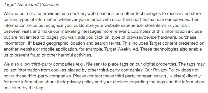 Politique de Confidentialité Target : Clause cookies Collecte automatisée