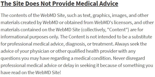 Termini e condizioni di WebMD: estratto del disclaimer sul consiglio medico