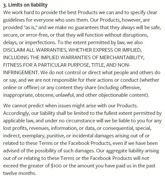 Termini di servizio di Facebook: clausola Limitazione di responsabilità