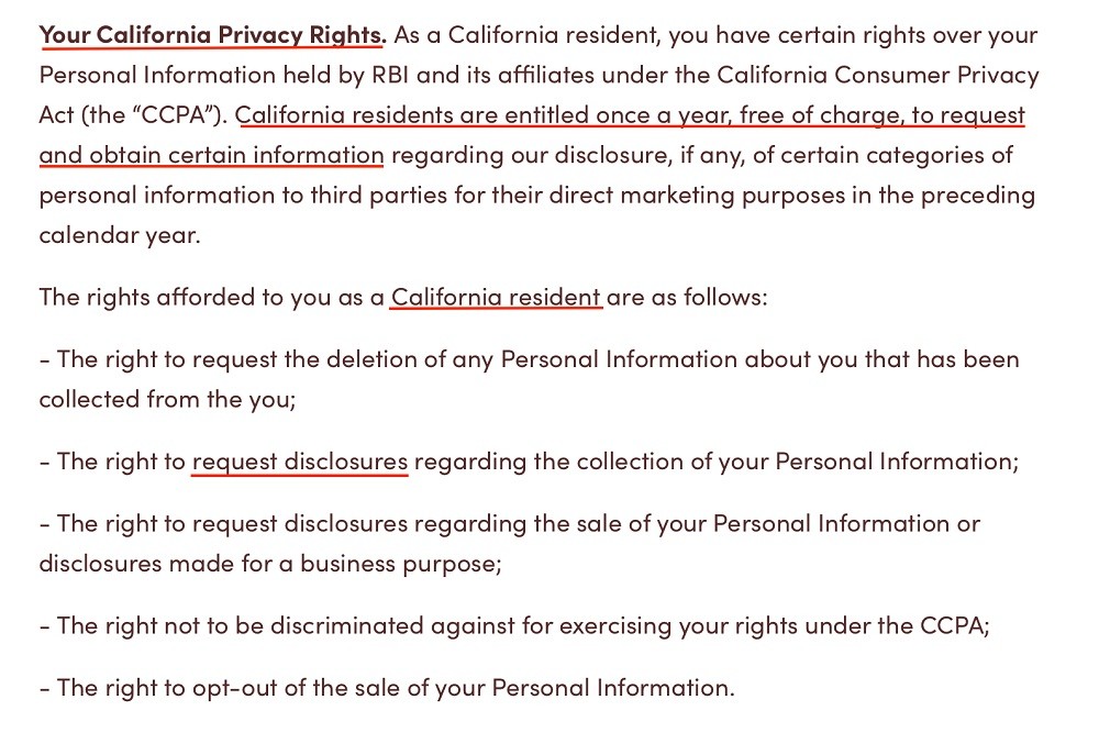 Tim Hortons Privacy Policy: Your California Privacy Rights clause excerpt