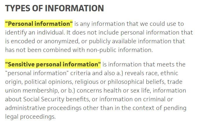 Politique de Confidentialité Trello : Clause Types d'informations : Informations à caractère personnel et à caractère personnel sensibles définies