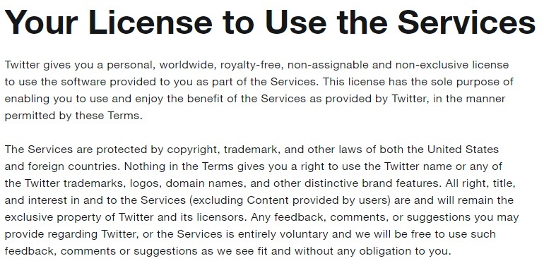 Conditions de Service Twitter : Clause Votre Licence d'utilisation - Propriété intellectuelle