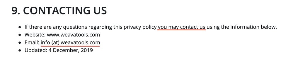 Weava Privacy Policy: Contact clause
