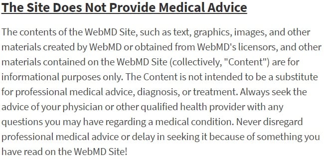 WebMD Allgemeine Geschäftsbedingungen: Auszug aus Disclaimer zu medizinischer Beratung