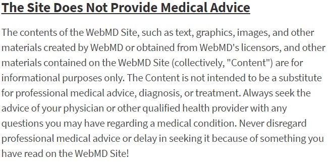 Condiciones Generales de WebMD: Extracto del descargo de responsabilidad del asesoramiento médico