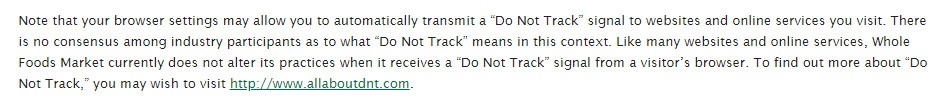 Política de Privacidad de Whole Foods: Cláusula de DNT (No seguimiento)