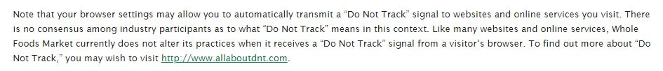 Privacybeleid Whole Foods: DNT (Do Not Track)-clausule