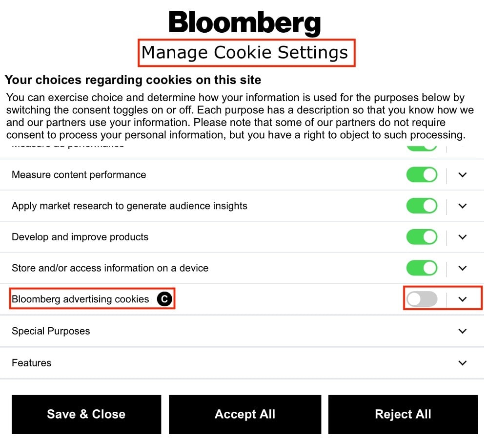 Bloomberg cookie consent notice