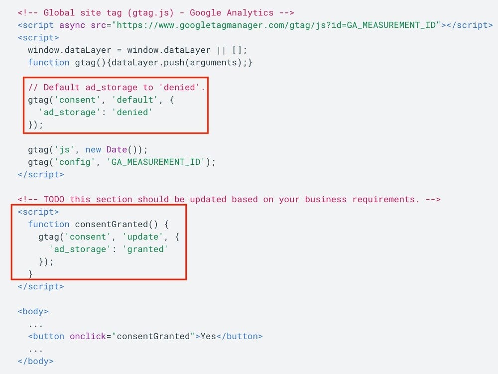 Google for Developers: Adjust tag behavior based on consent - example screenshot