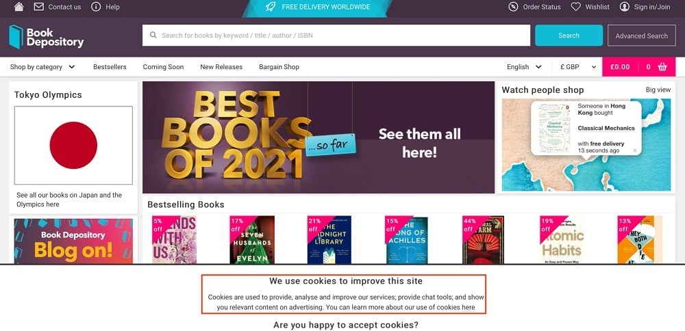 Screenshot of The Book Depository homepage with cookie notice highlighted