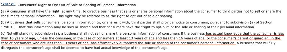 CCPA Section 1798 120 - Consent from minors requirements