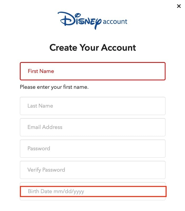 Disney Create Account form with birth date field highlighted