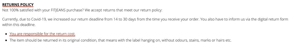 FITJEANS Returns Policy; Return shipping cost section