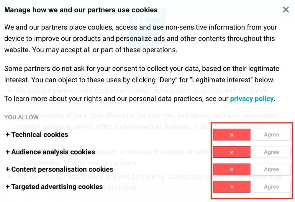 France 24 cookie consent notice with settings section highlighted