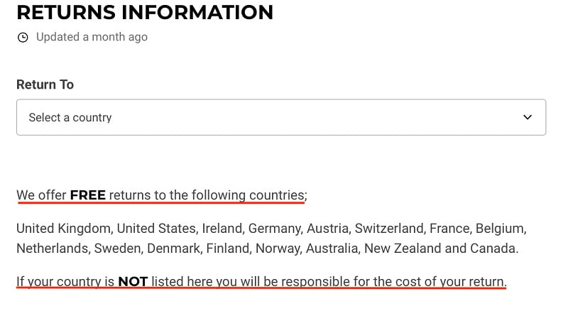 Gymshark Returns and Refunds Policy: Free returns to the following countries section