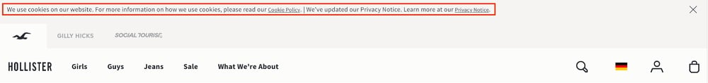 Screenshot of Hollister cookie notice with website background