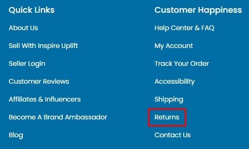 Inspire Uplift website footer with Returns Policy link highlighted