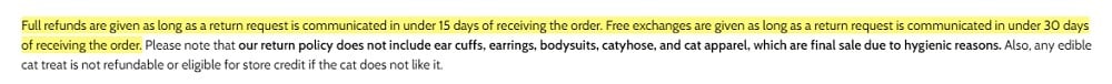 Meowingtons Return Policy: Return time frame section highlighted