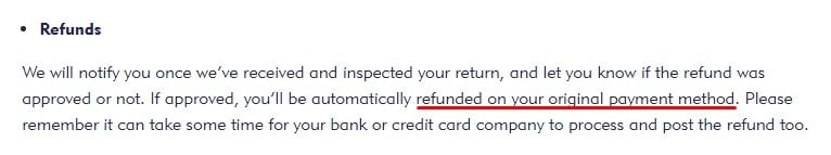 Mini Smart World Returns and Refunds Policy: Refunds to original payment method section highlighted