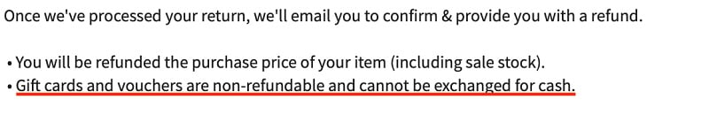 Pour Moi Returns and Refunds Policy: Gift cards and vouchers non-refundable section highlighted