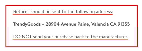 Trendy Goods Returns Policy: Mailing address for returns